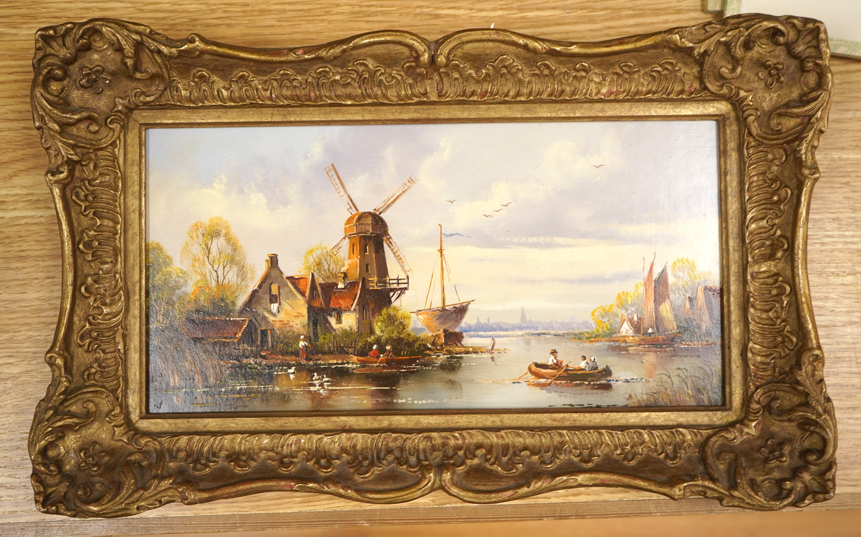 W. E. Van Groot (20th. C), ‘Crossing the Canal’, unsigned, ex, Stacy Marks, oil on board, ornate gilt framed, 14 x 28cm